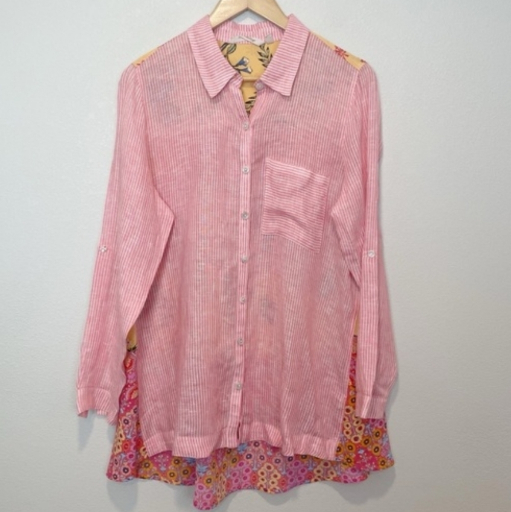 Soft Surroundings Pink and Yellow Patchwork Eden Island Linen Top - Picture 3 of 12